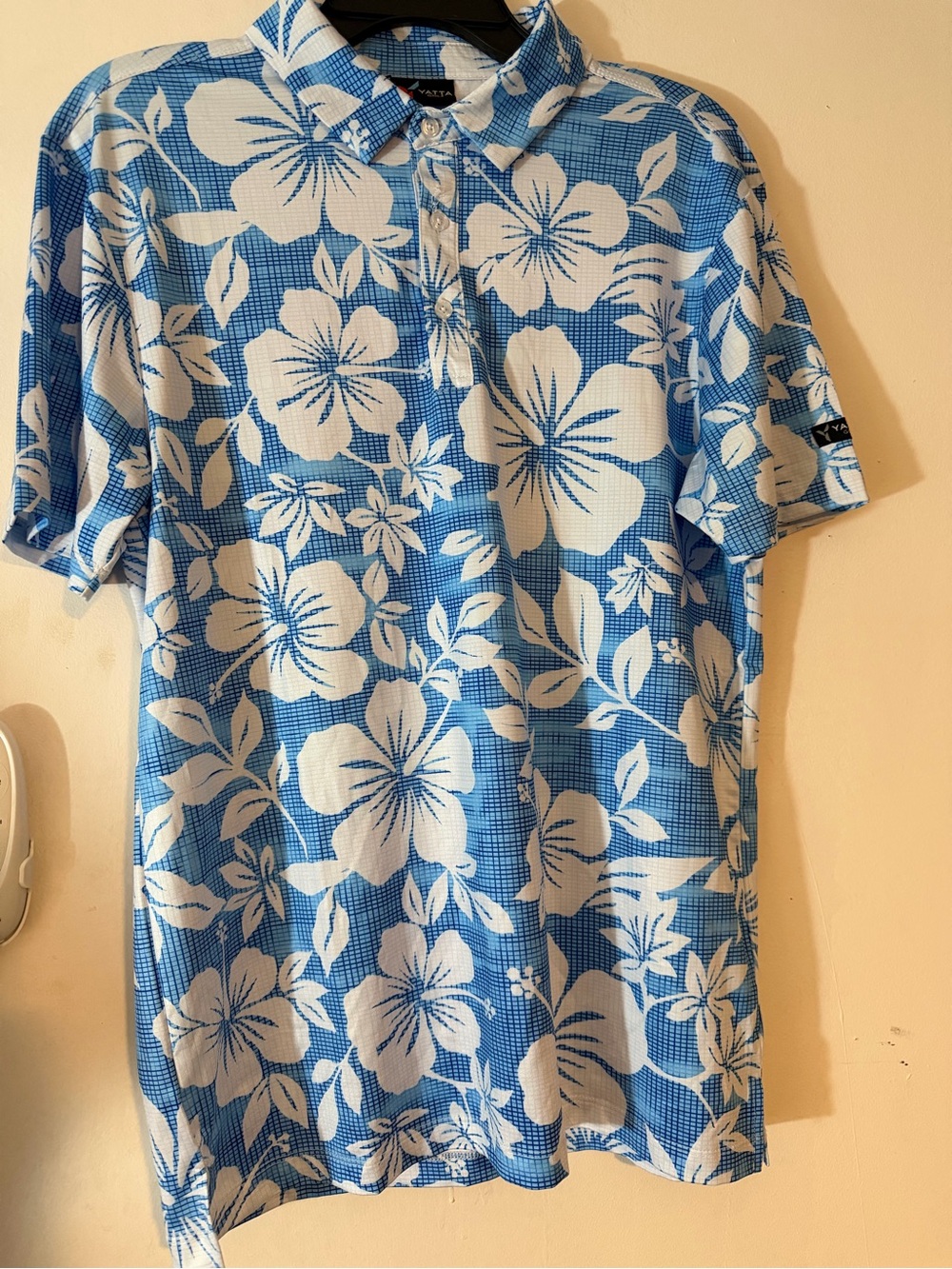 Yatta Golf Men's Golf Polo Hawaiian Floral Blue/White Short Sleeve Stretch S